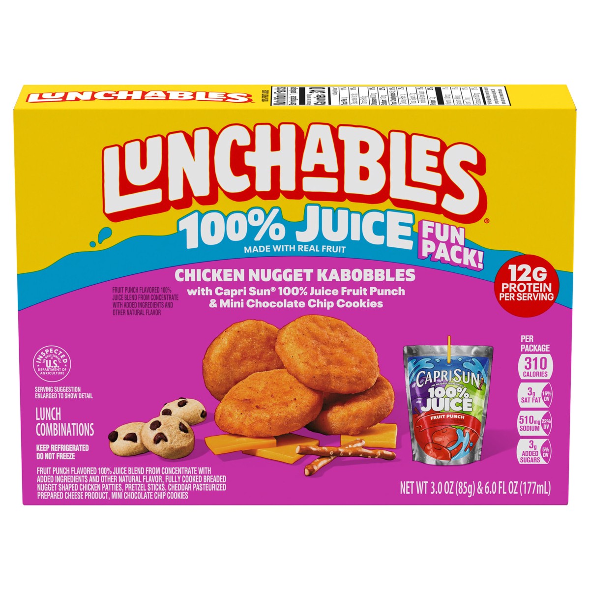 slide 1 of 1, Lunchables Chicken Nugget Kabobbles with Capri Sun 100% Juice Fruit Punch & Mini Chocolate Chip Cookies Fun Pack, 3 oz & 6 fl oz Package, 1 ct