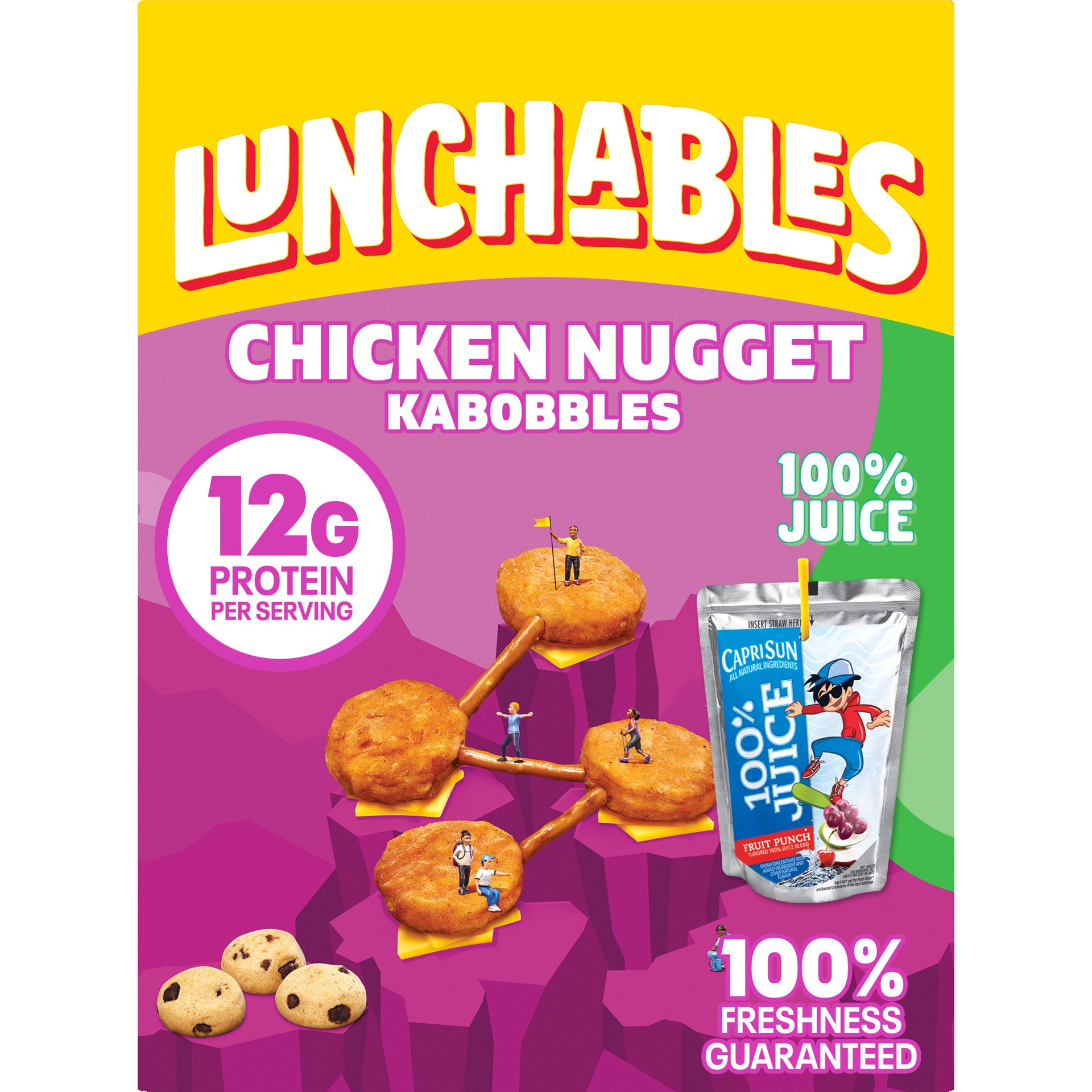 slide 1 of 1, Lunchables Chicken Nugget Kabbobles with Cheddar, Pretzel Sticks, Mini Chocolate Chip Cookies & Capri Sun 100% Juice Fruit Punch, 9 oz Box, 9 oz