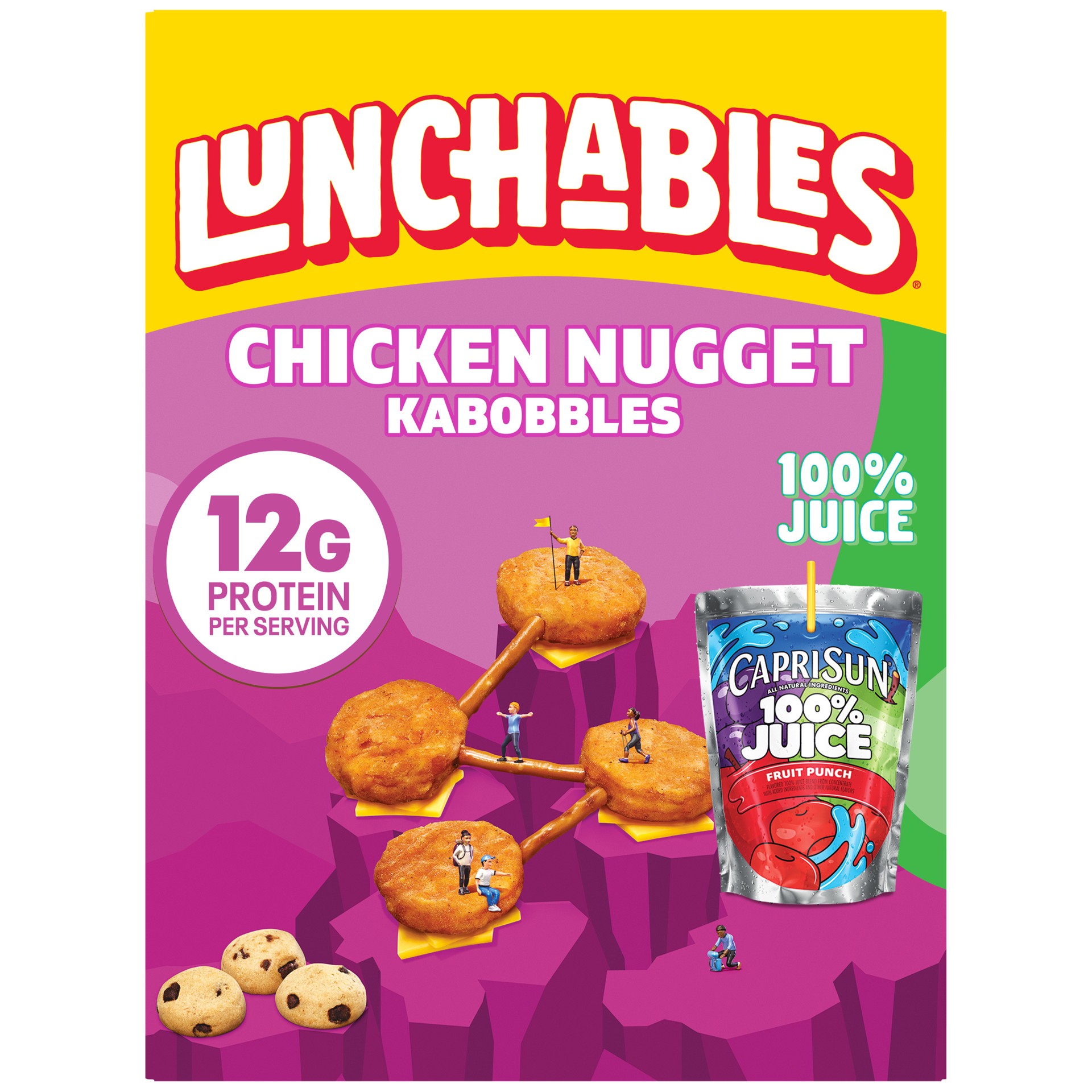 slide 1 of 1, Lunchables Chicken Nugget Kabbobles with Cheddar, Pretzel Sticks, Mini Chocolate Chip Cookies & Capri Sun 100% Juice Fruit Punch, 9 oz Box, 9 oz