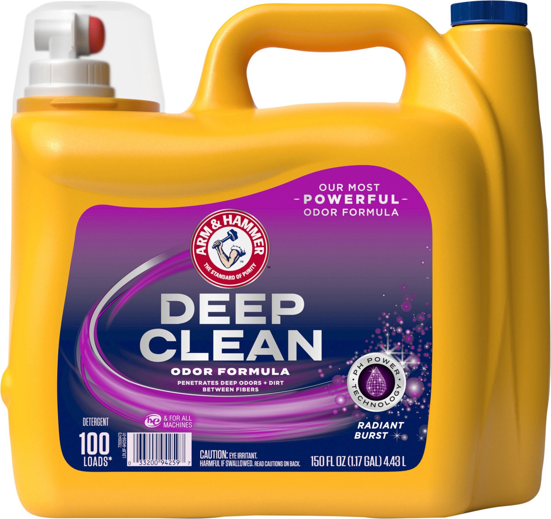 slide 1 of 1, ARM & HAMMER™ Deep Clean Odor Formula Liquid Laundry Detergent, Radiant Burst Scent, 150 Fl Oz, 100 Loads, 150 fl oz