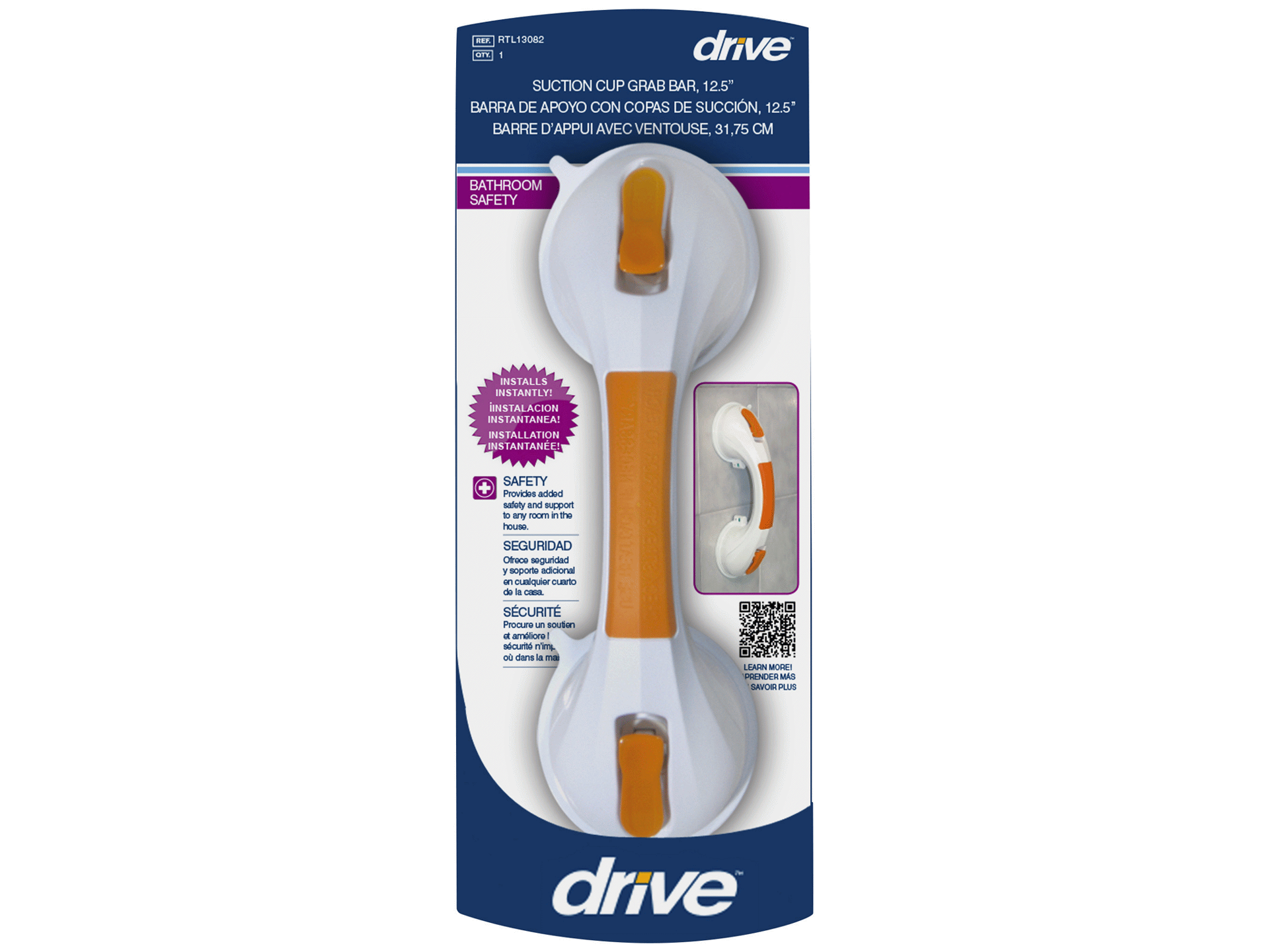 slide 1 of 3, Drive Medical Suction Cup Grab Bar - White And Yellow, 1 ct