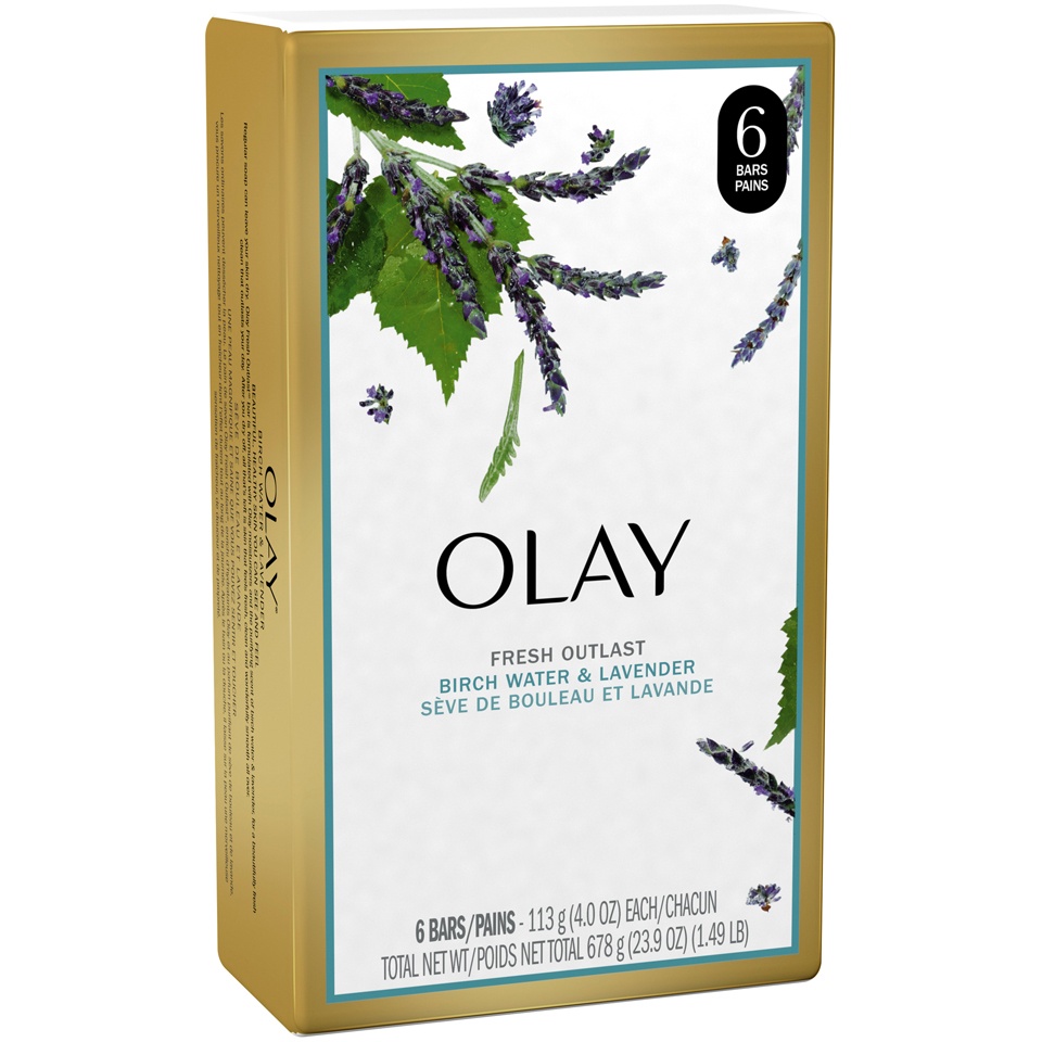 slide 2 of 3, Olay Fresh Outlast Purifying Birch Water & Lavender Bar Soap, 6 ct