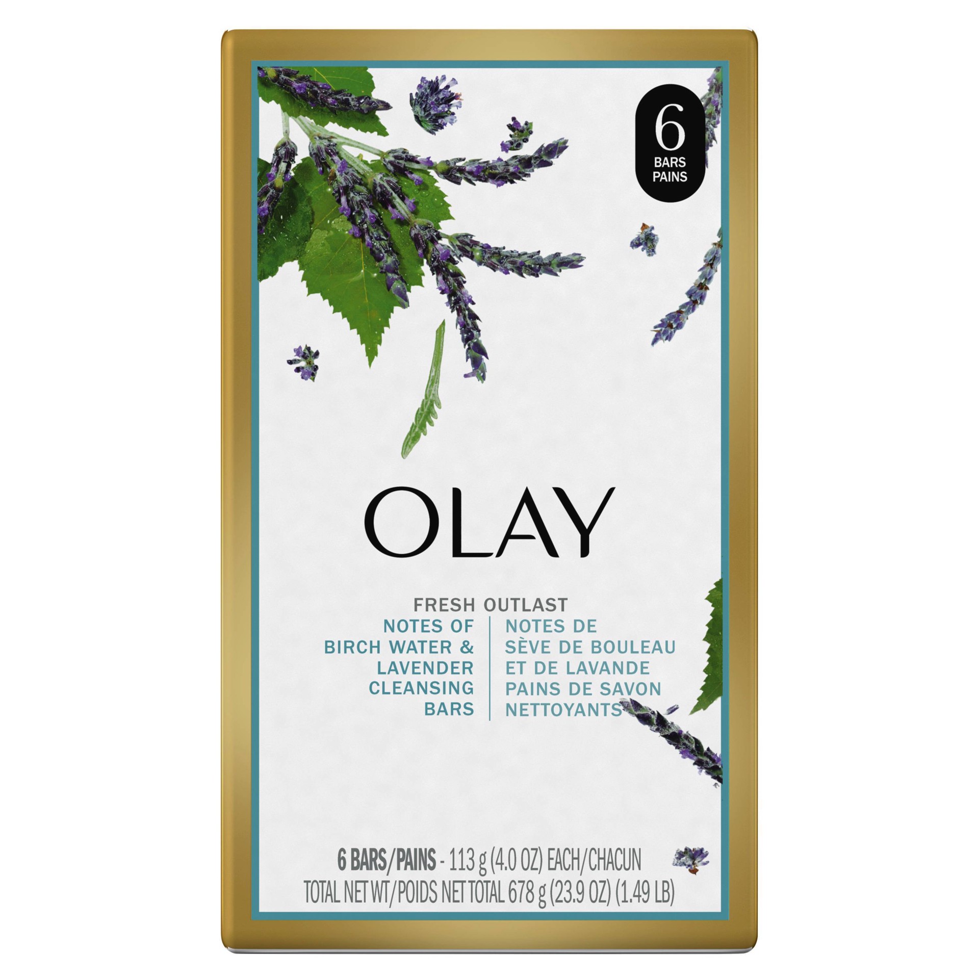 slide 1 of 3, Olay Fresh Outlast Purifying Birch Water & Lavender Bar Soap, 6 ct