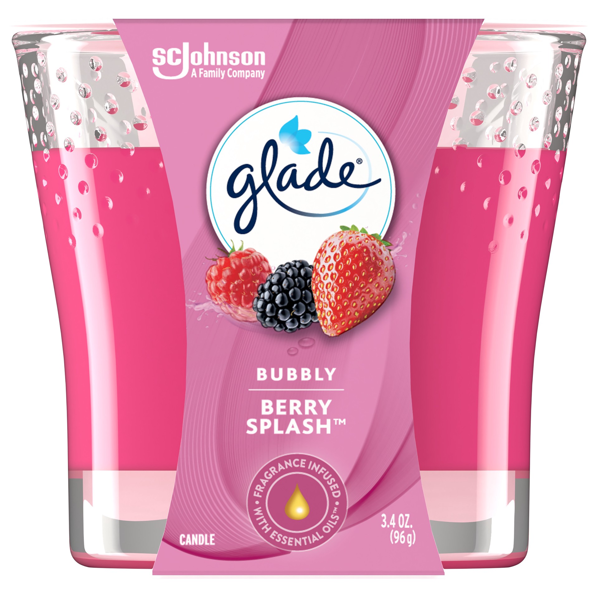 slide 1 of 14, Glade Scented Candle Jar, Bubbly Berry Splash, Fragrance Infused with Essential Oils, 3.4 oz, 3.4 oz