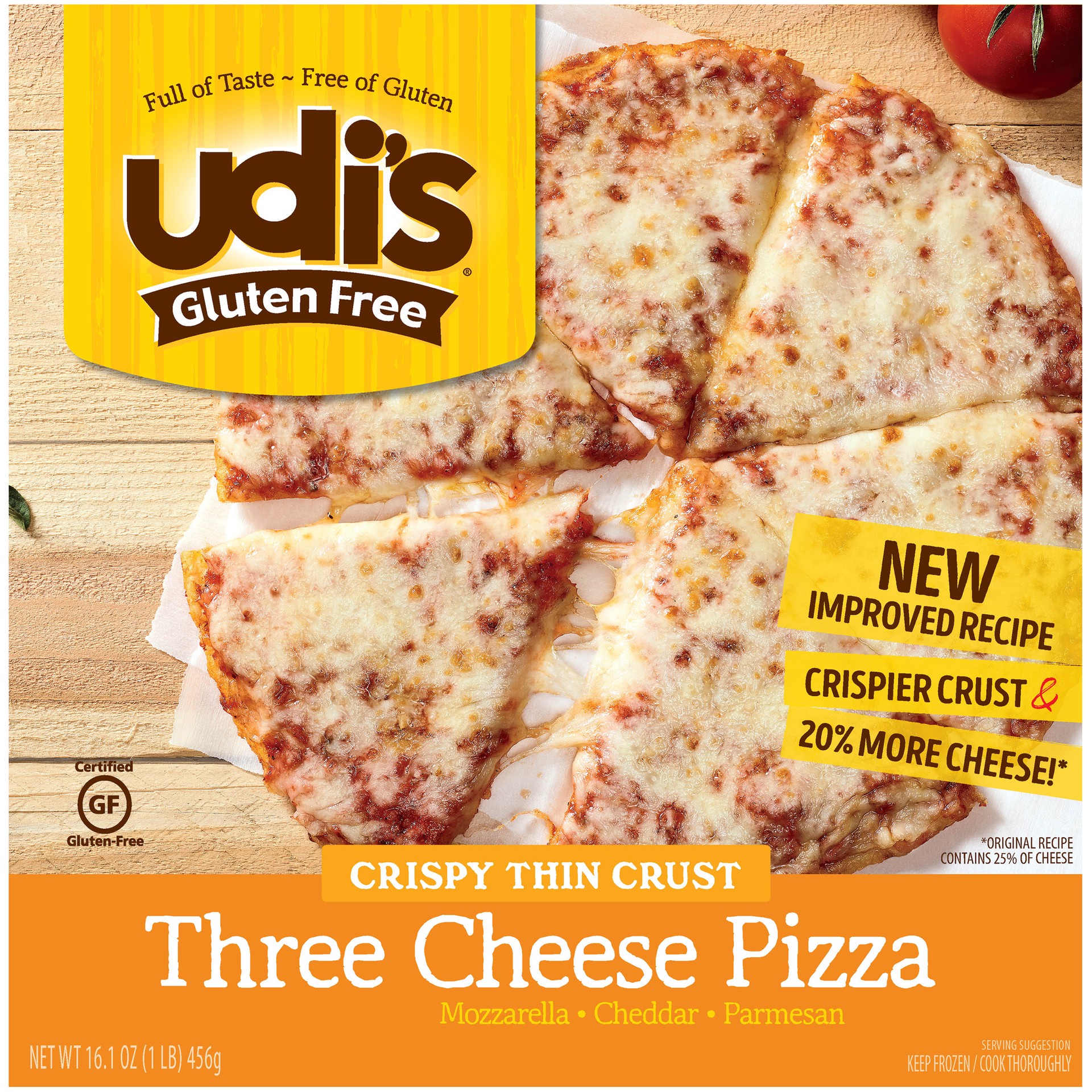 slide 1 of 3, Udi's Gluten Free Three Cheese Pizza With Crispy Thin Crust, Frozen, 16.1 oz., 16.1 oz