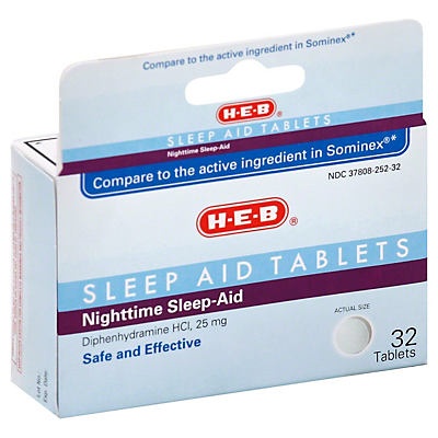 slide 1 of 1, H-E-B Sleep Aid Tablets Diphenhydramine HCl 25 Mg Tablets, 32 ct