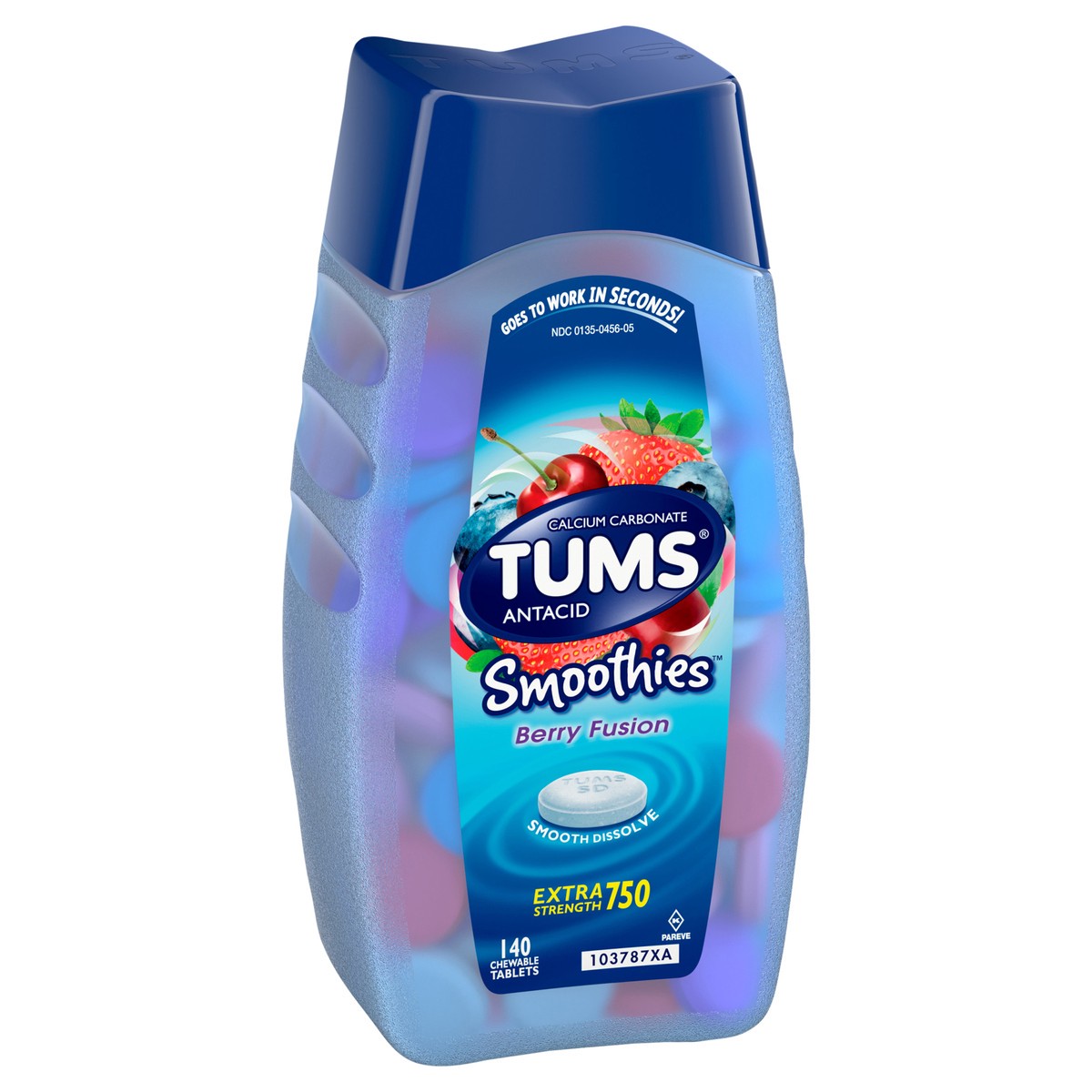 slide 2 of 5, TUMS Smoothies Chewable Antacid Tablets for Extra Strength Heartburn Relief, Berry Fusion - 140 Count, 140 ct