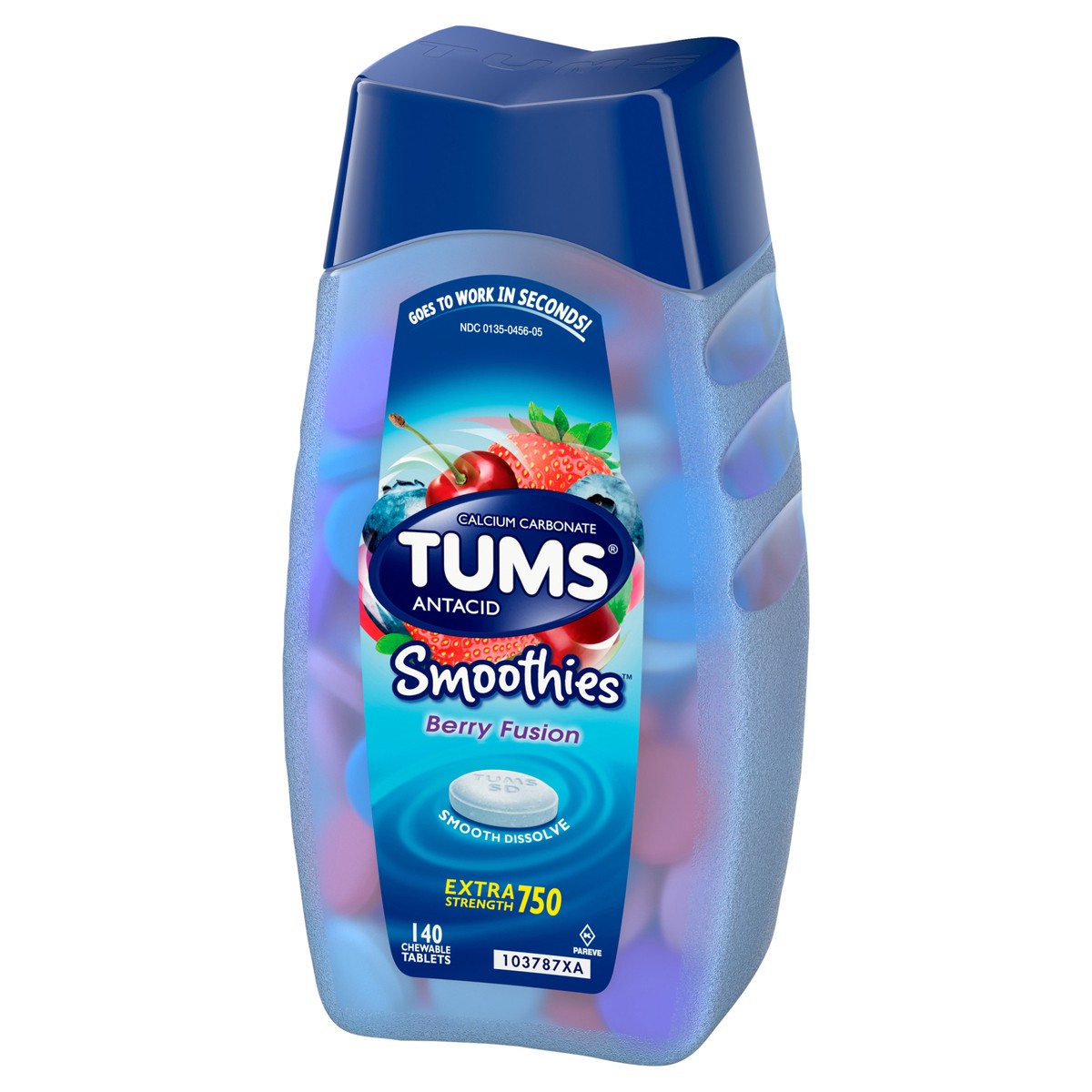 slide 3 of 5, TUMS Smoothies Chewable Antacid Tablets for Extra Strength Heartburn Relief, Berry Fusion - 140 Count, 140 ct