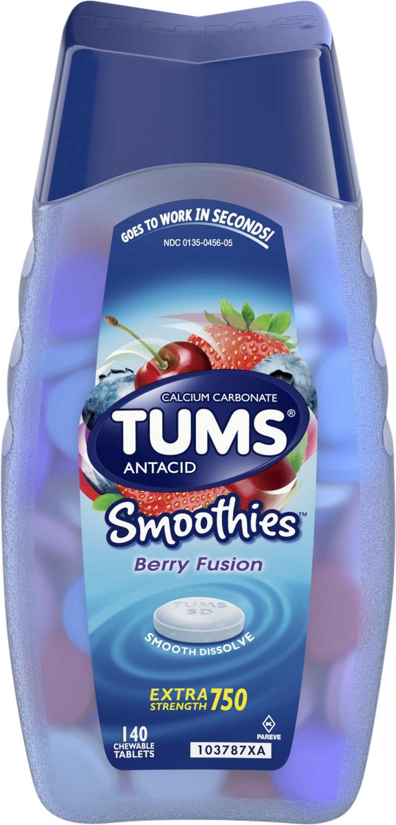 slide 5 of 5, TUMS Smoothies Chewable Antacid Tablets for Extra Strength Heartburn Relief, Berry Fusion - 140 Count, 140 ct