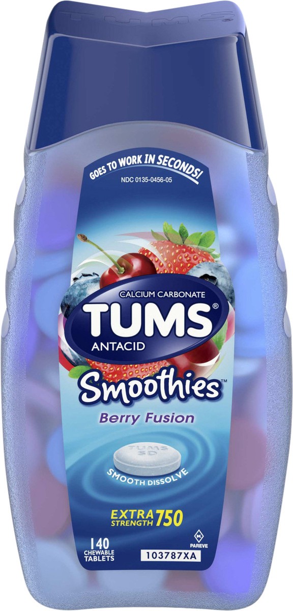 slide 2 of 5, TUMS Smoothies Chewable Antacid Tablets for Extra Strength Heartburn Relief, Berry Fusion - 140 Count, 140 ct