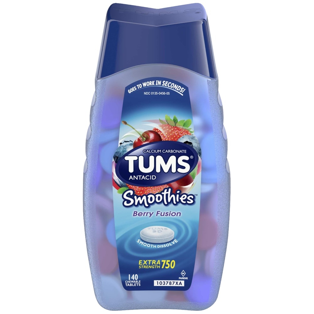 slide 1 of 1, TUMS Smoothies Chewable Antacid Tablets for Extra Strength Heartburn Relief, Berry Fusion - 140 Count, 140 ct