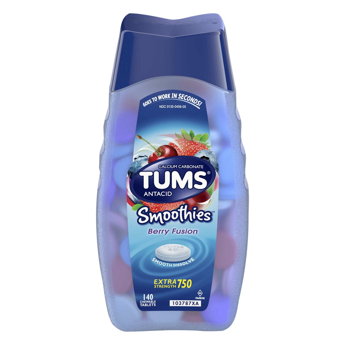 slide 1 of 5, TUMS Smoothies Chewable Antacid Tablets for Extra Strength Heartburn Relief, Berry Fusion - 140 Count, 140 ct