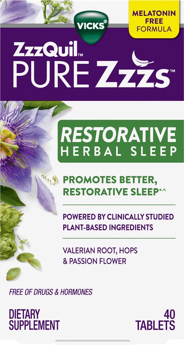 slide 3 of 3, Vicks ZzzQuil PURE Zzzs Restorative Herbal Sleep, Tablets, Free of Drugs and Hormones, Melatonin-Free Formula, Valerian Root, Hops, Passion Flower, Sleep Aids for Adults, 40 Count, 40 ct