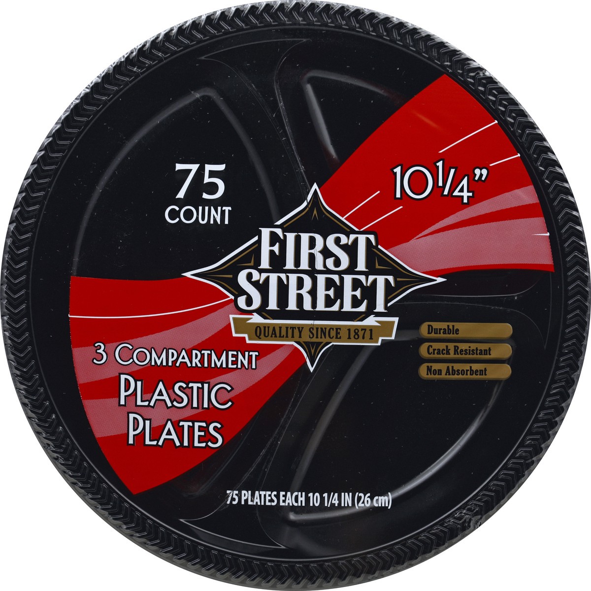 slide 2 of 6, First Street 10 1/4 Inch Black 3 Compartment Plate, 75 ct