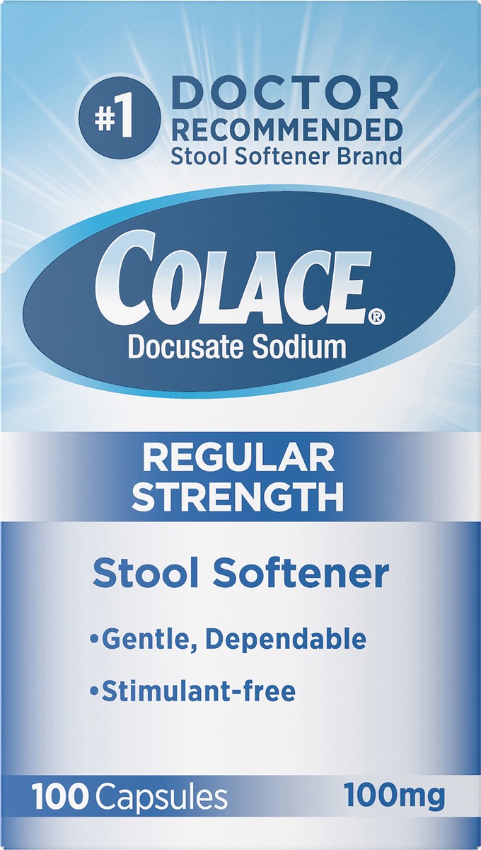 slide 3 of 7, Colace Regular Strength Stool Softener, Docusate Sodium, 100 mg Capsules, 100 ct