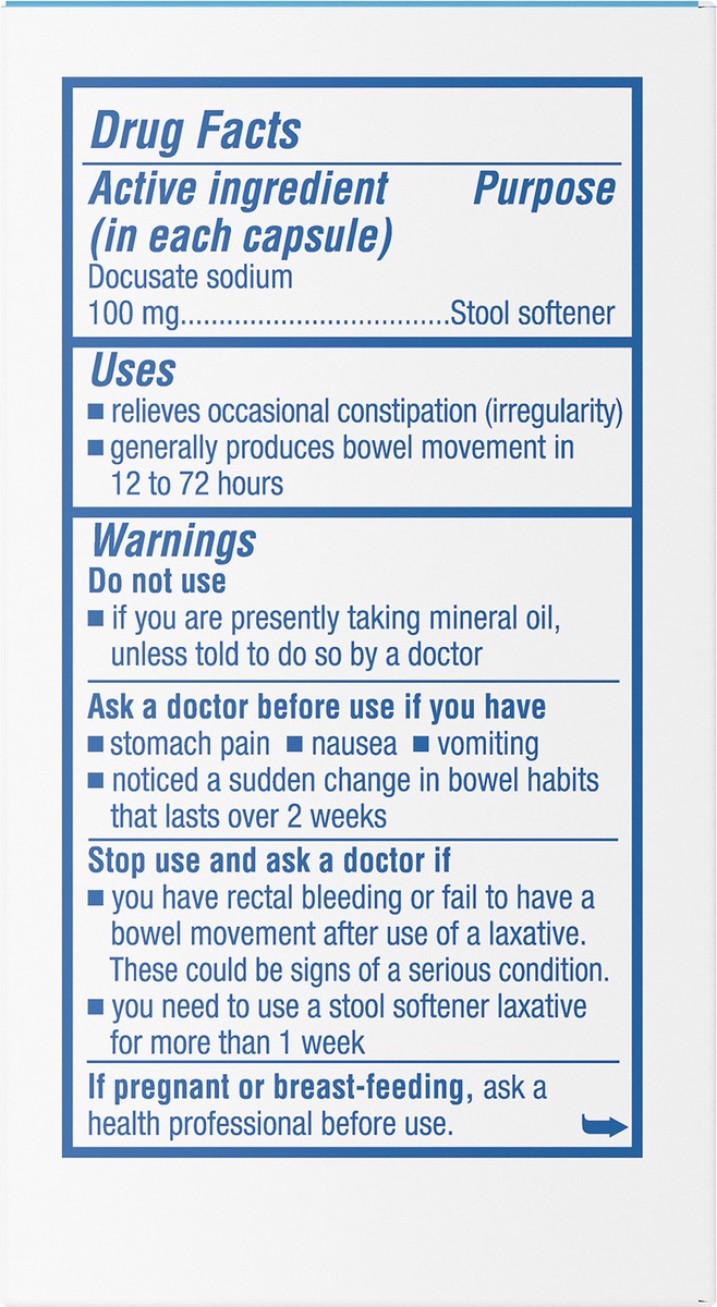slide 5 of 7, Colace Regular Strength Stool Softener, Docusate Sodium, 100 mg Capsules, 100 ct