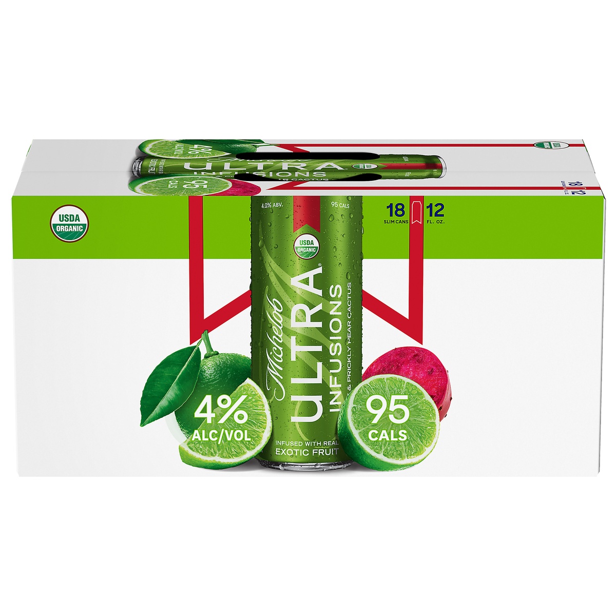 slide 1 of 1, Michelob Ultra Infusions Lime & Prickly Pear Cactus Light Beer, 4% ABV, 18 ct; 12 oz