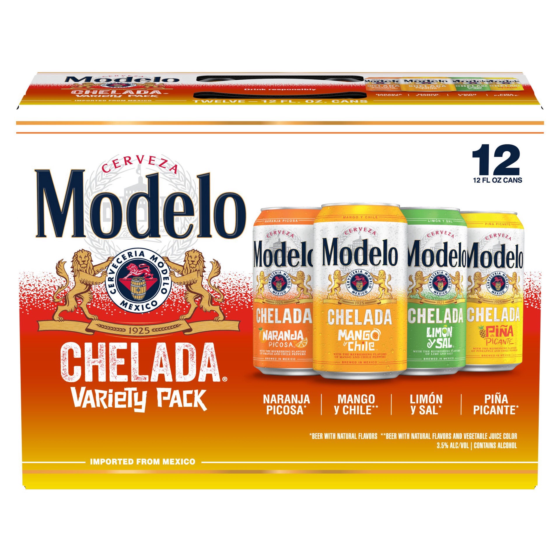 slide 9 of 11, Modelo Chelada Variety Pack Mexican Import Flavored Beer, 12 pk 12 fl oz Cans, 3.5% ABV, 144 fl oz