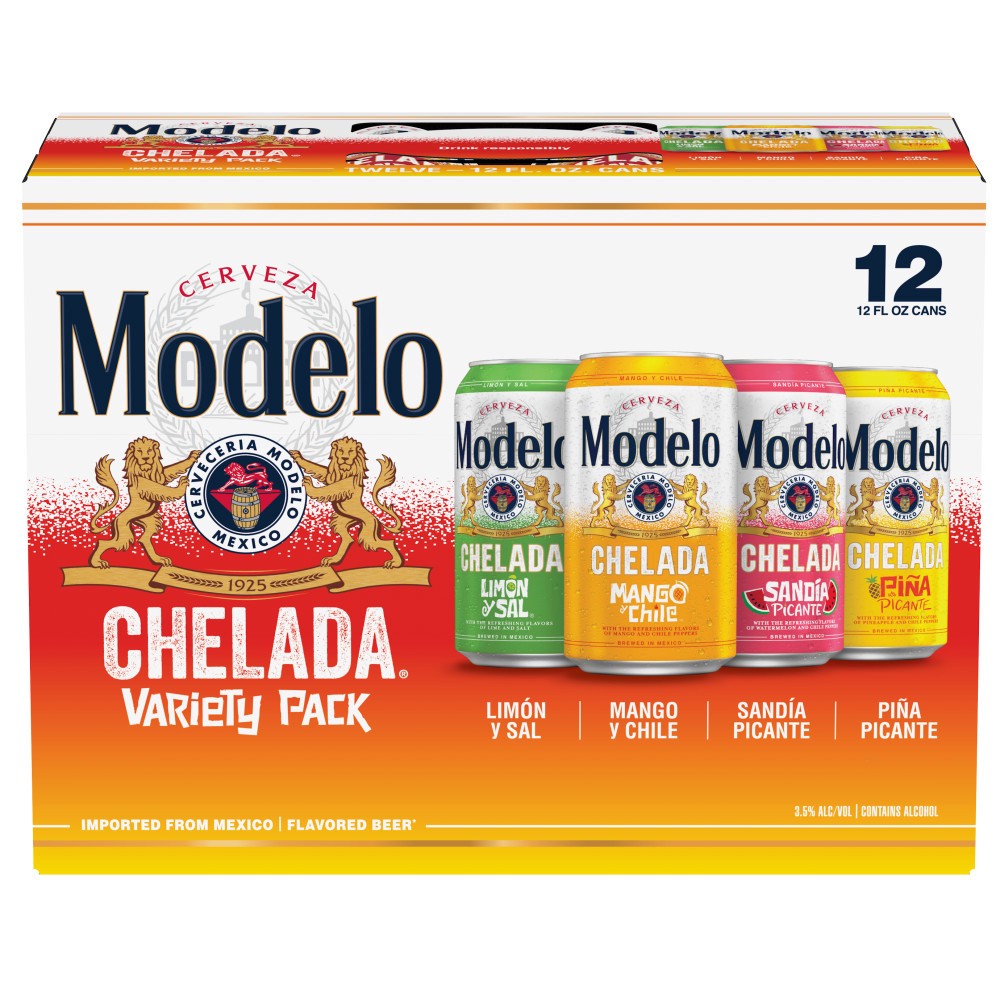 slide 1 of 11, Modelo Chelada Variety Pack Mexican Import Flavored Beer, 12 pk 12 fl oz Cans, 3.5% ABV, 144 fl oz