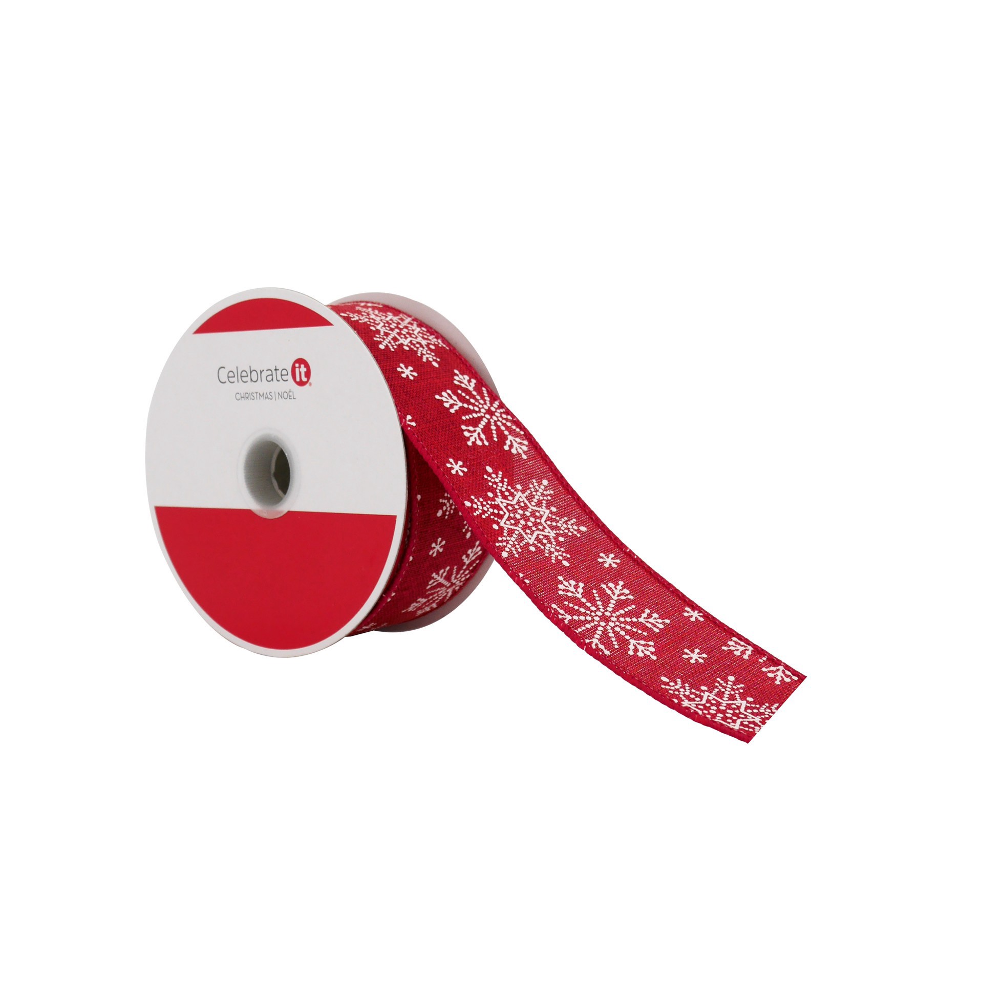 slide 2 of 3, 1.5" X 30ft. Red & White Snowflakes Wired Ribbon By Celebrate It, 1.5 in x 30 ft