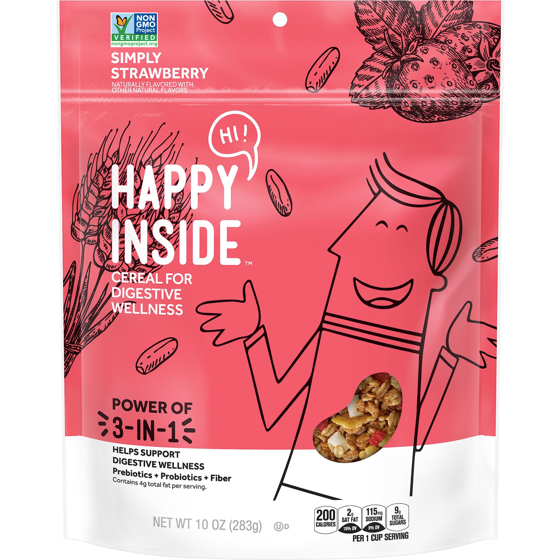 slide 1 of 3, Kellogg's HI! Happy Inside Breakfast Cereal, with Prebiotics Probiotics and Fiber for Digestive Wellness Non-GMO, Simply Strawberry, 10 oz