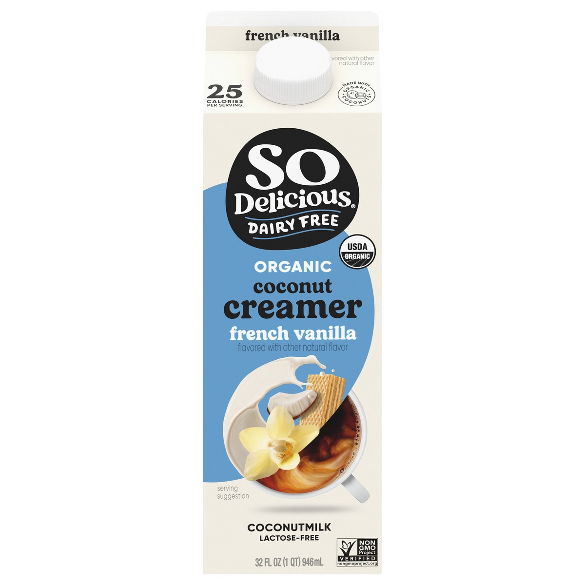 slide 1 of 5, So Delicious Dairy Free Organic Coconutmilk Creamer, French Vanilla, Vegan, Non-GMO, Creamy Plant Based Coffee Creamer, 32 fl oz Carton, 32 fl oz