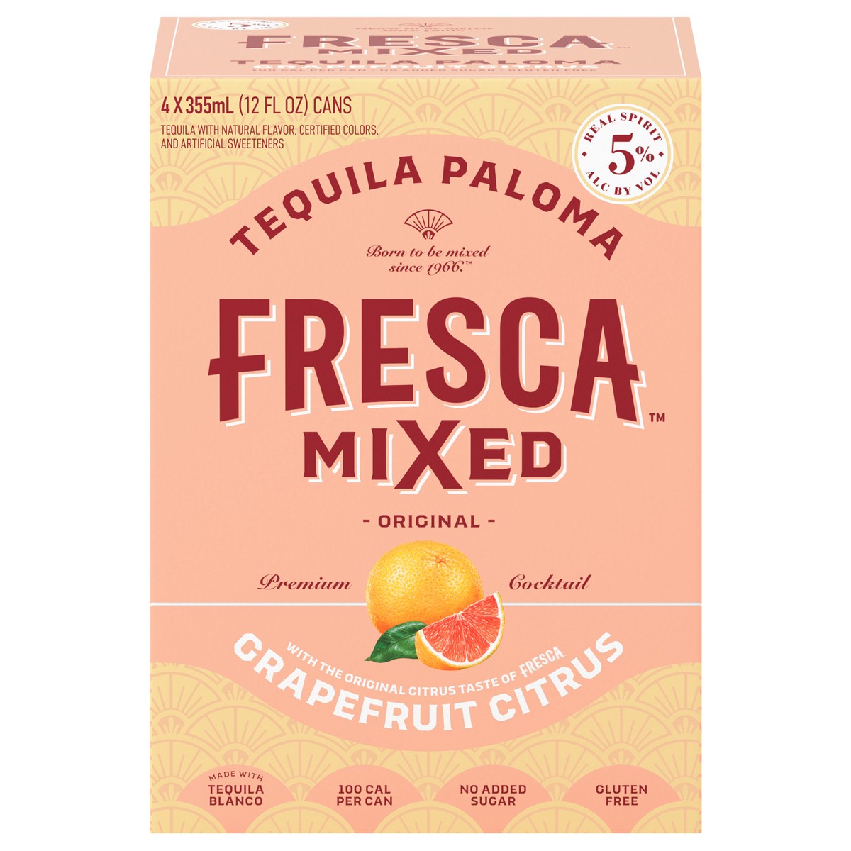 slide 1 of 7, Fresca Mixed Tequila Paloma Ready to Drink Gluten-Free Canned Cocktail, 4 pk 12 fl oz Cans, 5% ABV, 355 ml