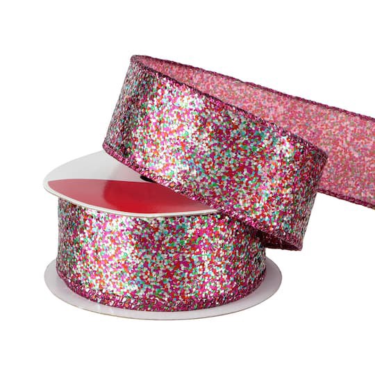 slide 1 of 3, 1.5" X 15ft. Hot Pink Confetti Wired Glitter Ribbon By Celebrate It, 1.5 in x 15 ft