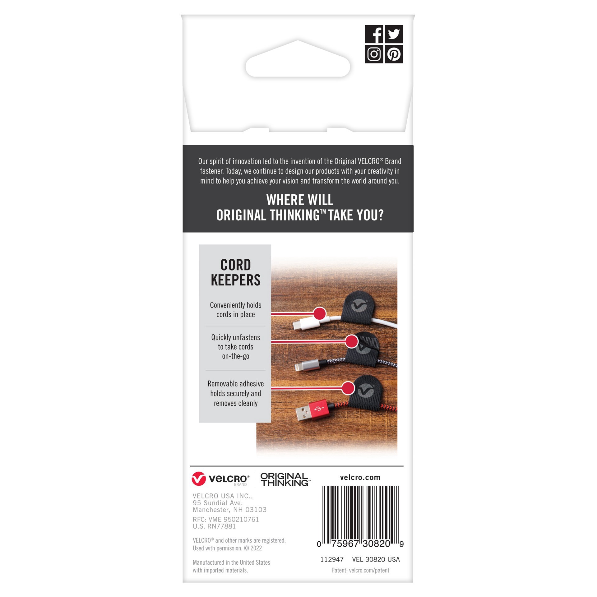slide 2 of 2, VELCRO Brand Cord Keepers, Black, Pack Of 5 Keepers, 5 ct