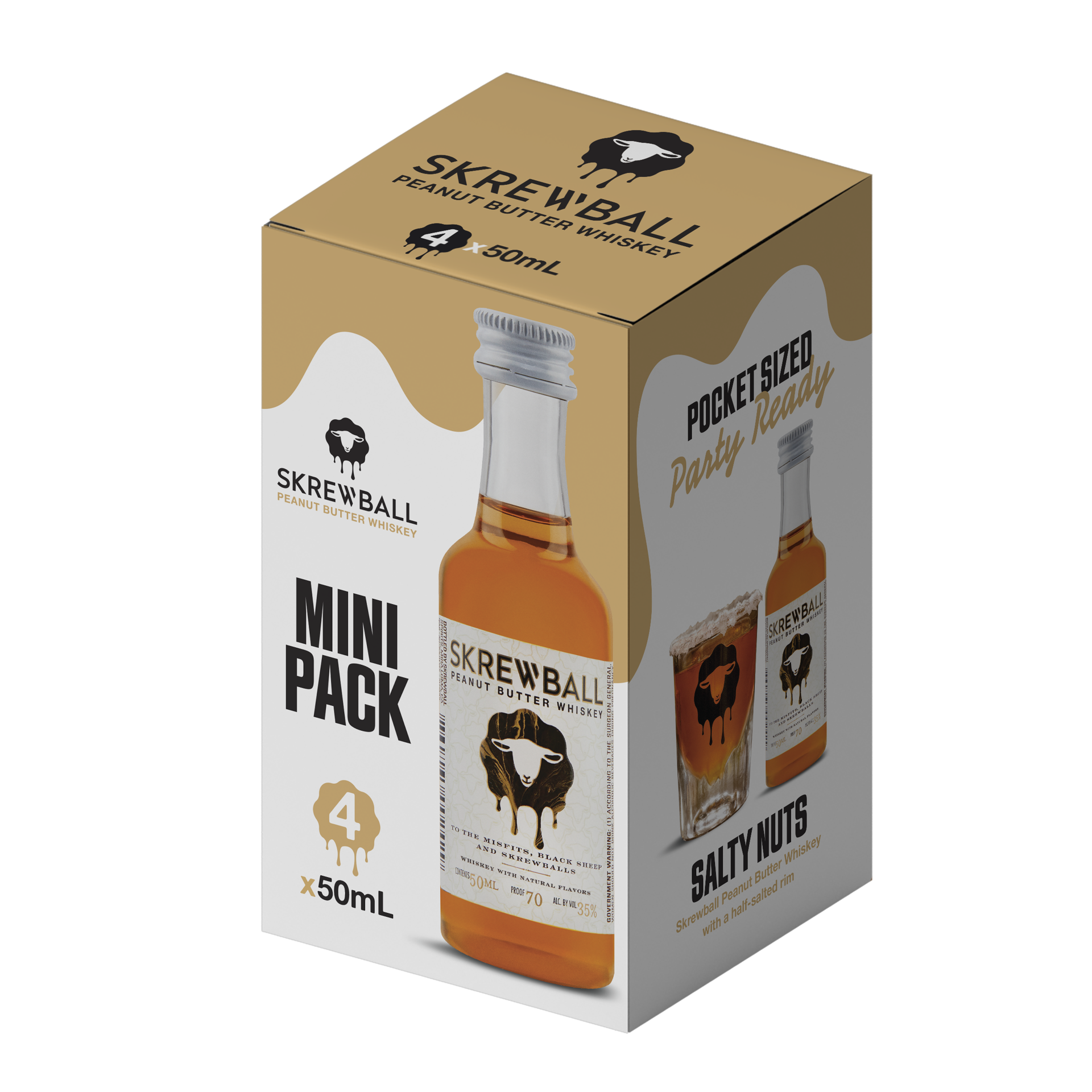 slide 1 of 10, Skrewball Peanut Butter Whiskey with Natural Flavors, 4 Pack 50 ml Bottles, 35% ABV, 4 ct; 50 ml