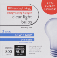 slide 1 of 1, Everyday Living 43-Watt Halogen Clear Light Bulbs, 2 ct