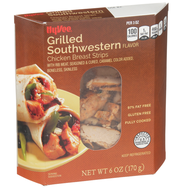 slide 1 of 1, Hy-vee Grilled Southwestern Flavor Chicken Breast Strips, 6 oz