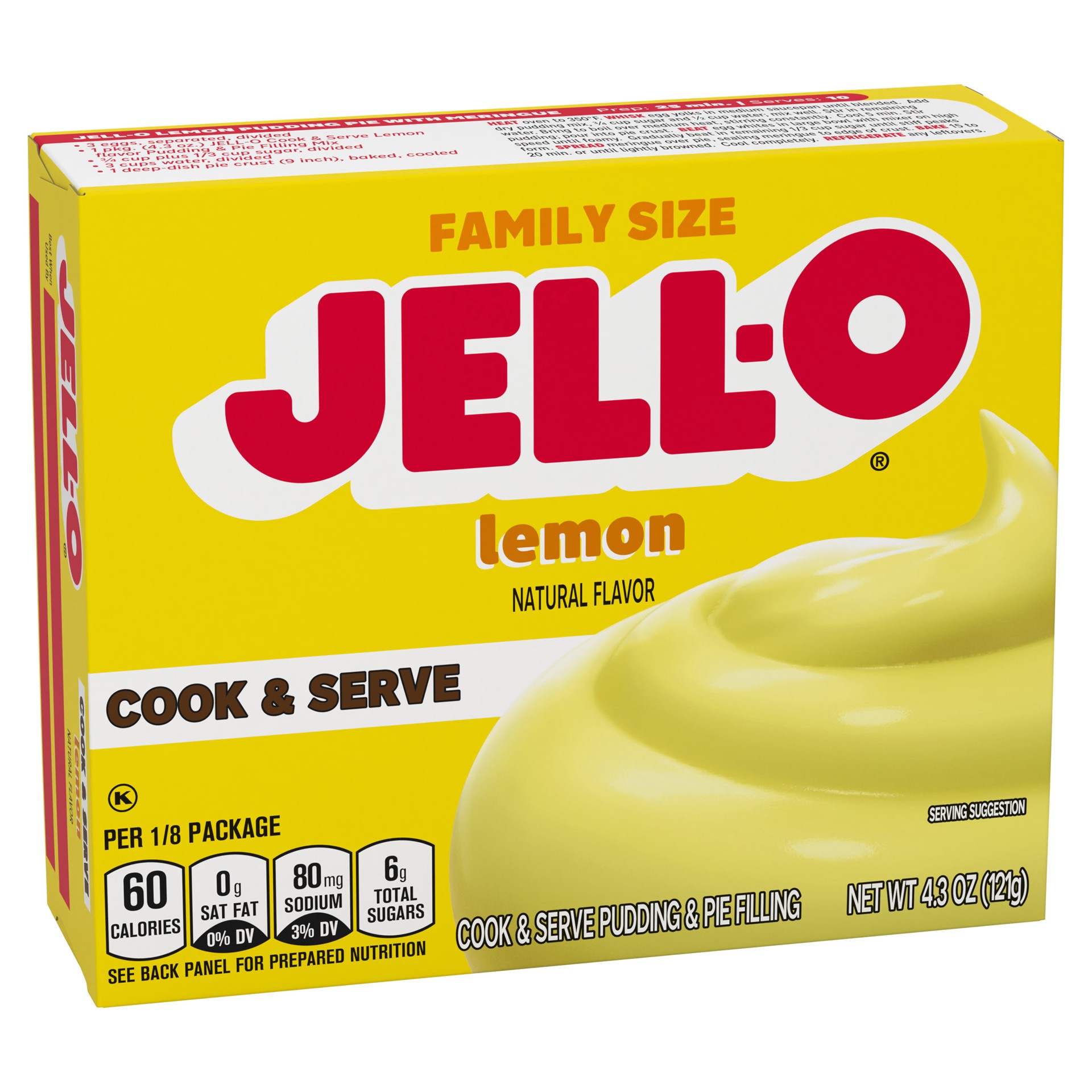 slide 5 of 5, Jell-O Cook & Serve Lemon Naturally Flavored Pudding & Pie Filling Mix, Family Size, 4.3 oz Box, 4.3 oz