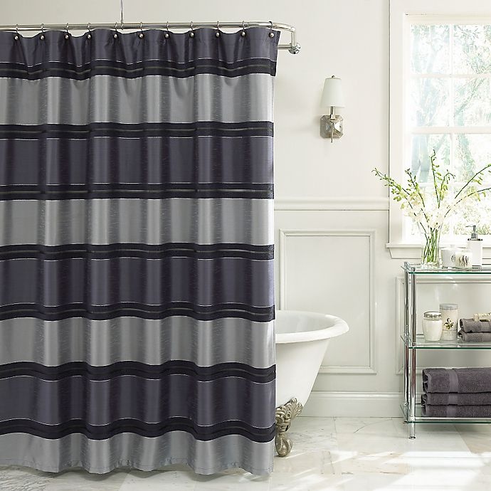 slide 1 of 1, Vue Jardin Stripe Fabric Shower Curtain - Navy, 72 in x 84 in