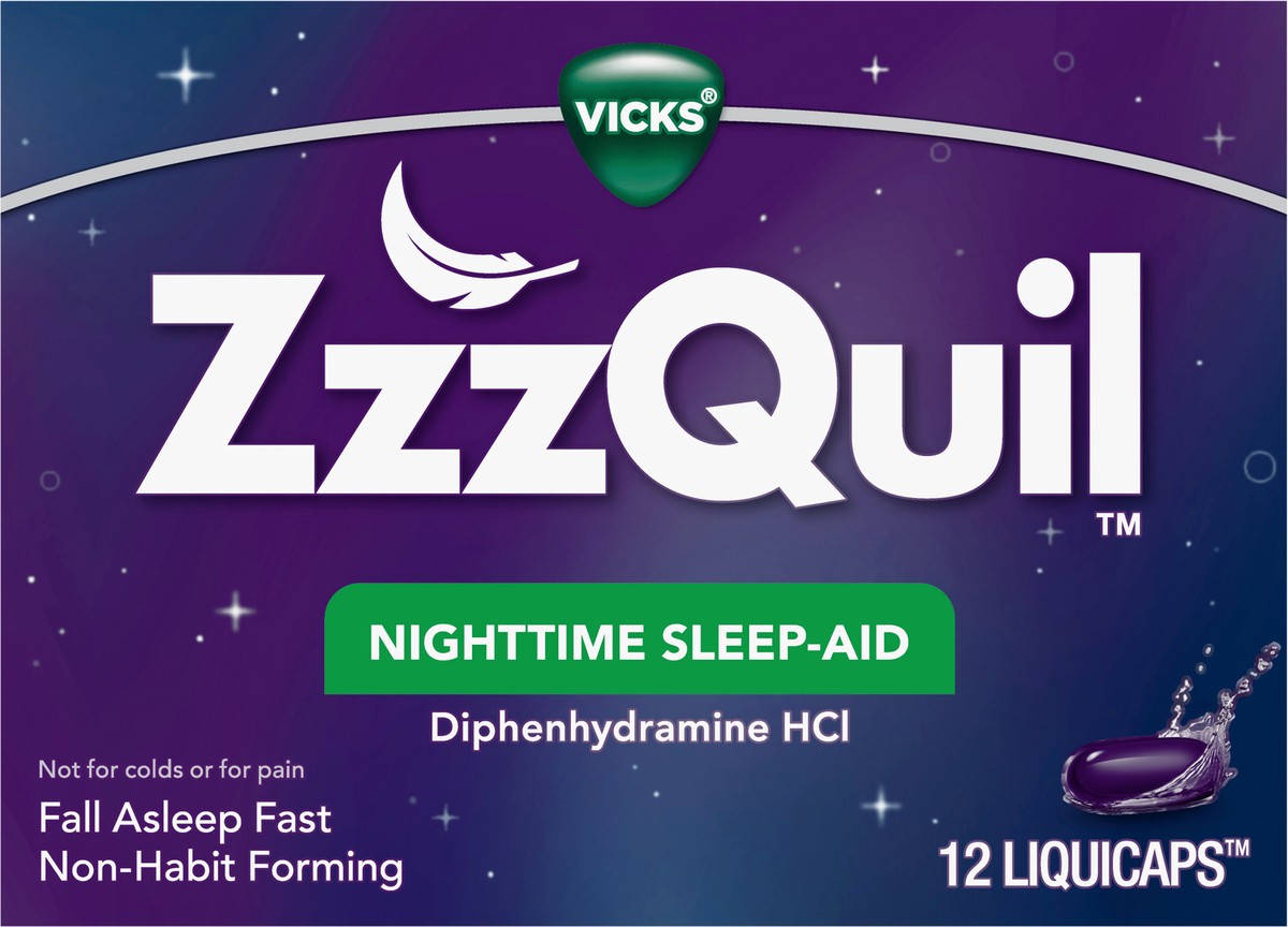 slide 2 of 2, Vicks ZzzQuil Nighttime Sleep Aid, Non-Habit Forming, Fall Asleep Fast and Wake Refreshed, 12 Count LiquiCaps, 12 ct