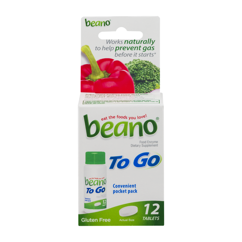 slide 1 of 1, Prestige Brands, Inc. Beano To Go Food Enzyme Dietary Supplement Tablets Gluten Free, 12 ct