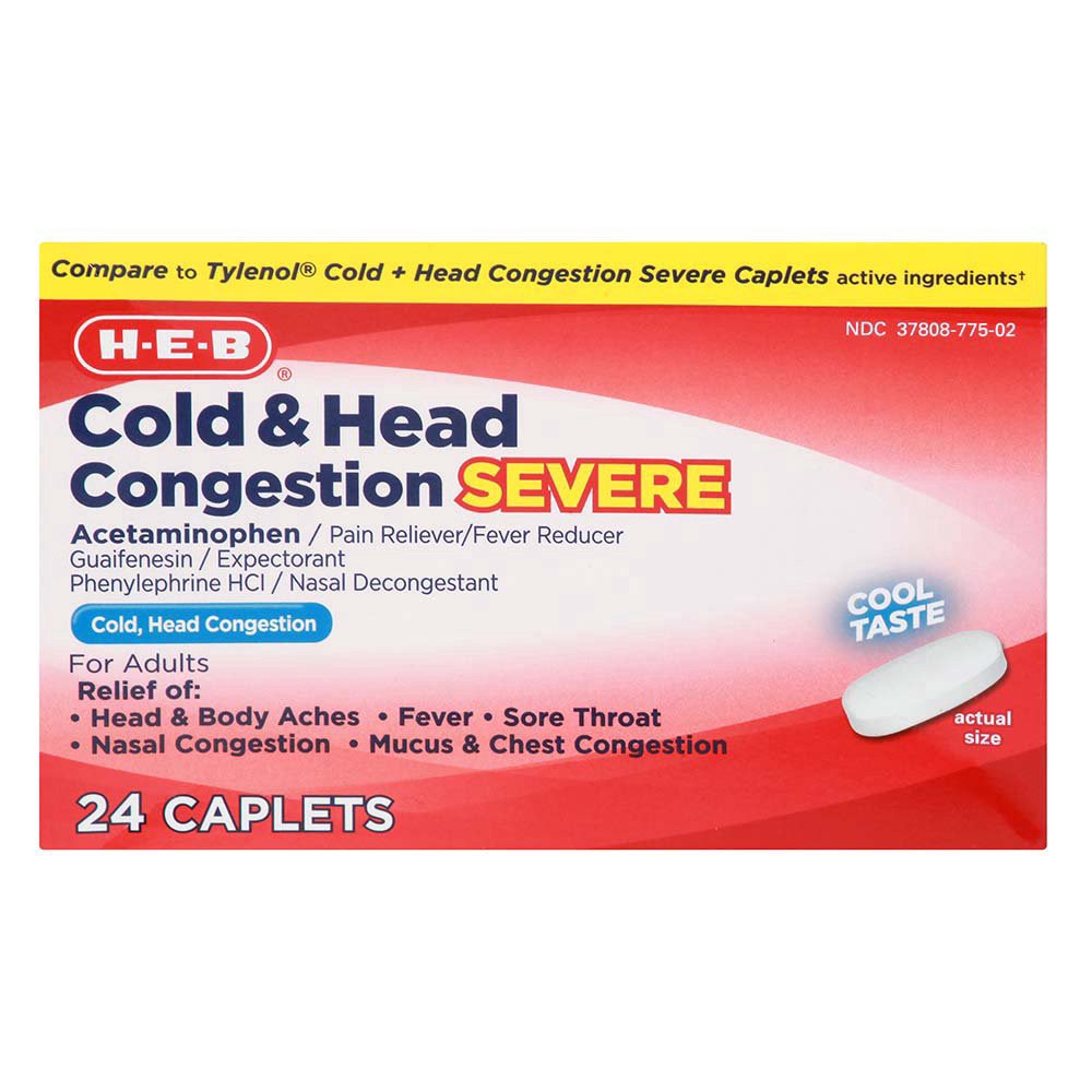 slide 1 of 1, H-E-B Severe Daytime/Non-DrowsyCold Head Congestion Caplets, 24 ct