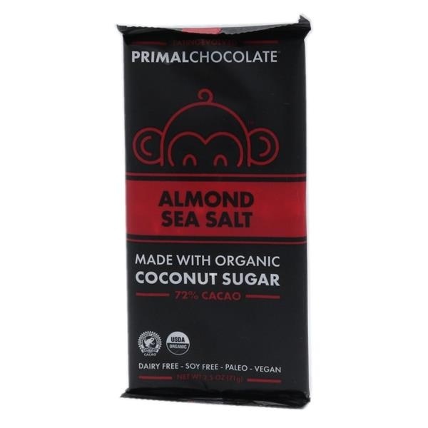 slide 1 of 1, EVOLVED Primal Chocolate Almond Sea Salt 72% Cacao Bar, 2.5 oz