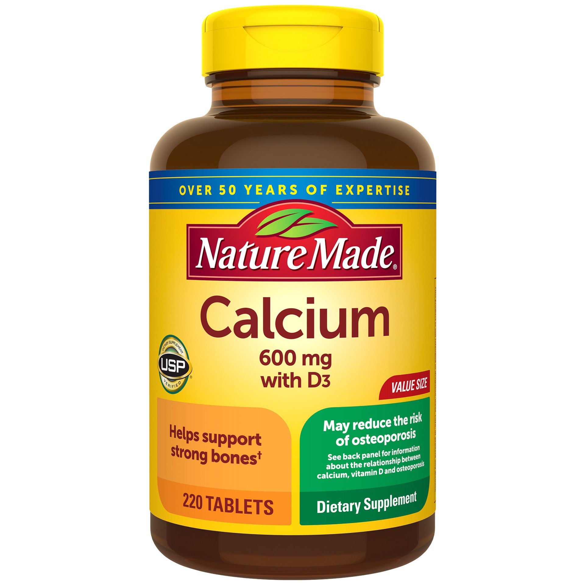 slide 1 of 82, Nature Made Calcium 600 mg with Vitamin D3, Dietary Supplement for Bone Support, 220 Tablets, 220 ct