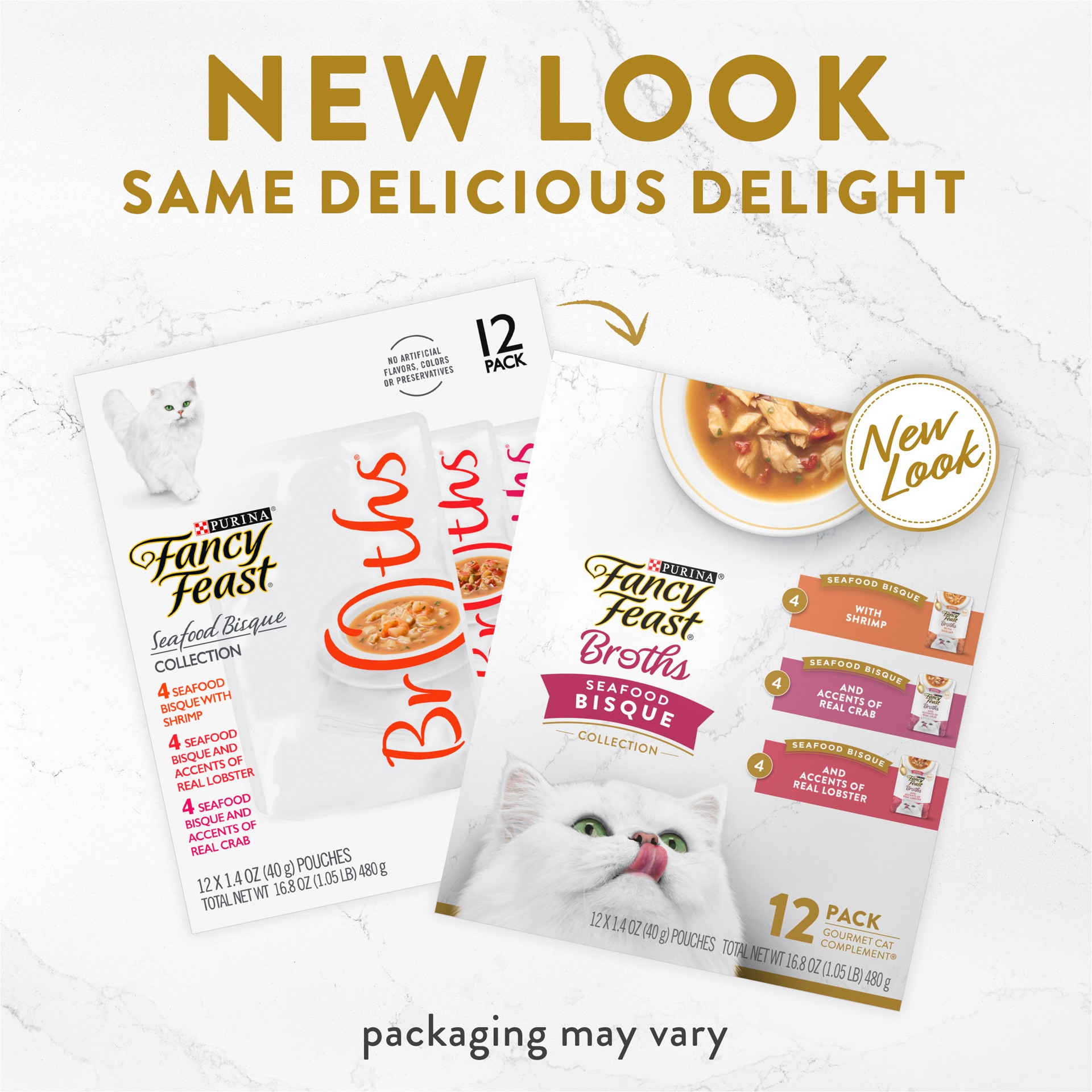 slide 2 of 7, Fancy Feast Purina Fancy Feast Broths Seafood Bisque Complement Lickable Grain Free Wet Cat Food Variety Pack, 16.8 oz