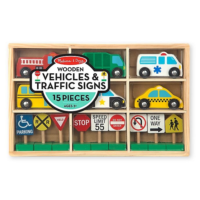 slide 1 of 1, Melissa & Doug Wooden Vehicles and Traffic Signs, 1 ct