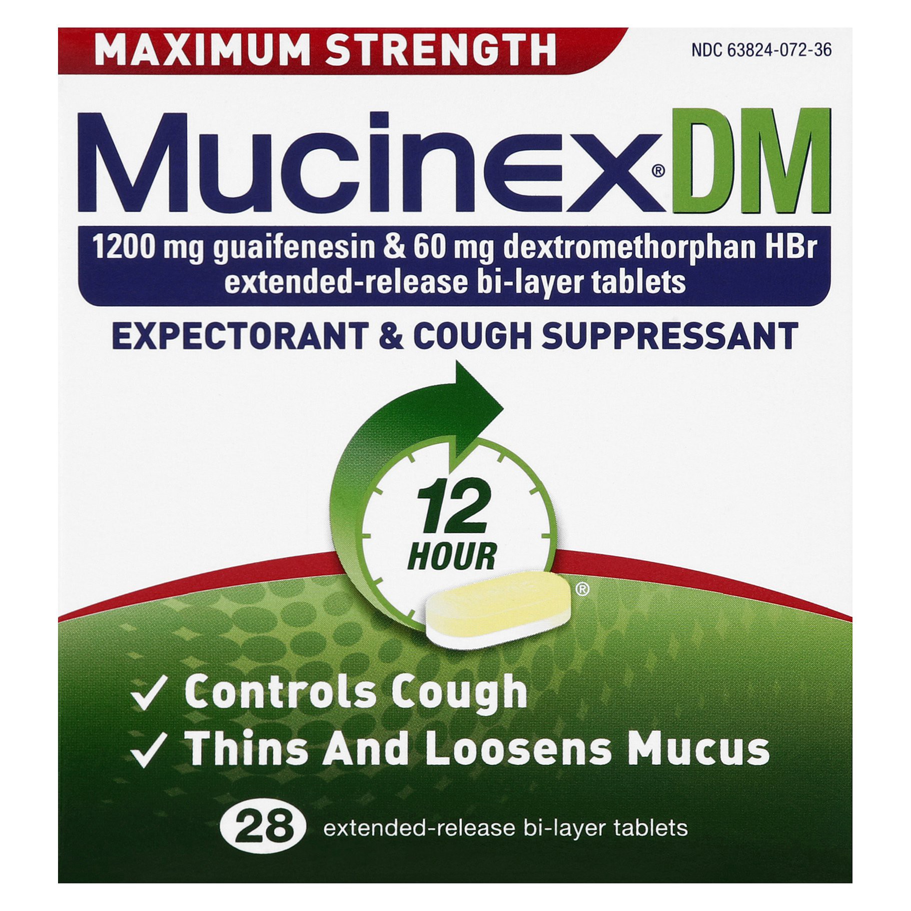 slide 1 of 5, Mucinex DM Maximum Strength 12-Hour Expectorant and Cough Suppressant Tablets, 28 Count, 28 ct; 1200 mg