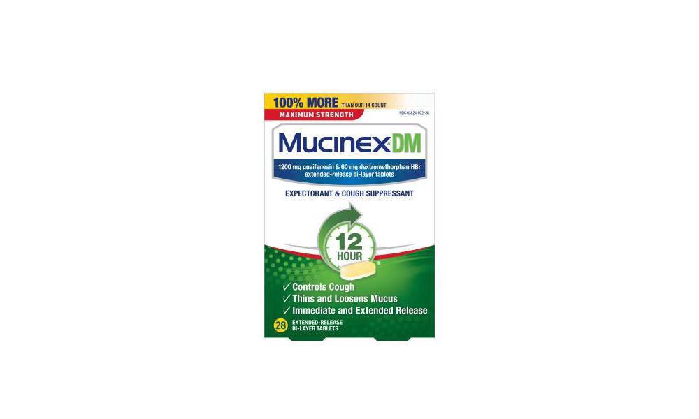 slide 2 of 5, Mucinex DM Maximum Strength 12-Hour Expectorant and Cough Suppressant Tablets, 28 Count, 28 ct; 1200 mg