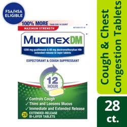 Mucinex DM Maximum Strength 12-Hour Expectorant and Cough Suppressant Tablets, 28 Count