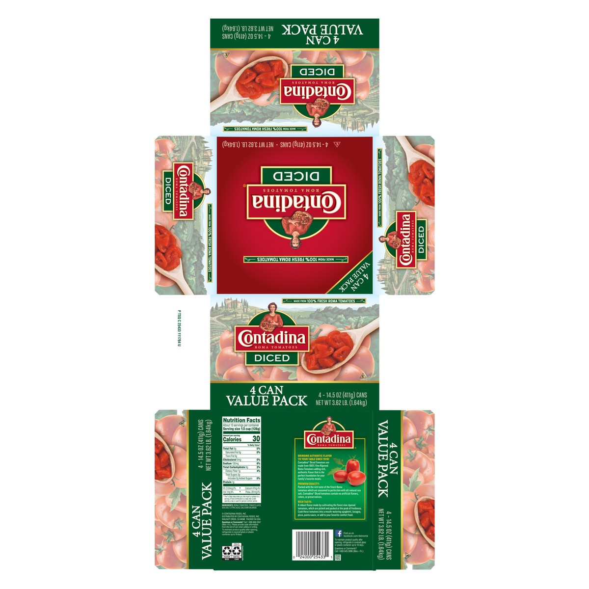 slide 5 of 12, CONTADINA Diced Tomatoes, 4 Pack, 14.5 oz Cans, 58.1 ct