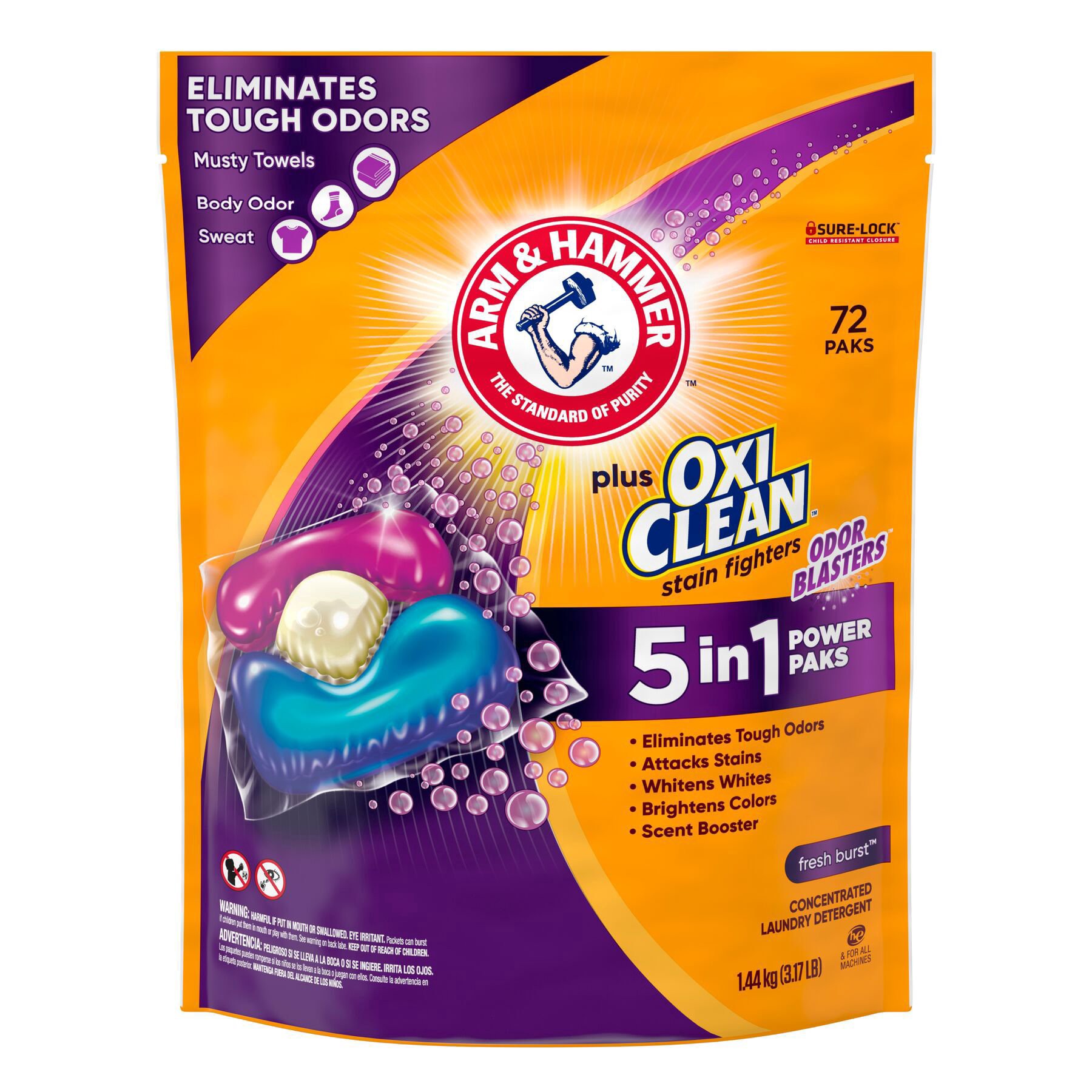 slide 1 of 1, ARM & HAMMER Plus OxiClean With Odor Blasters Laundry Detergent, 5-IN-1 Power Paks, 72 Ct, 72 ct