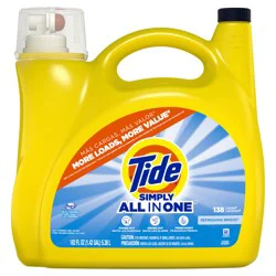Tide Simply All-In-One Liquid Laundry Detergent, Refreshing Breeze Scent, 138 Loads, 182 fl oz