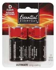 slide 1 of 1, Essential Everyday Batteries, Alkaline, D, 2 Pack, 2 ct