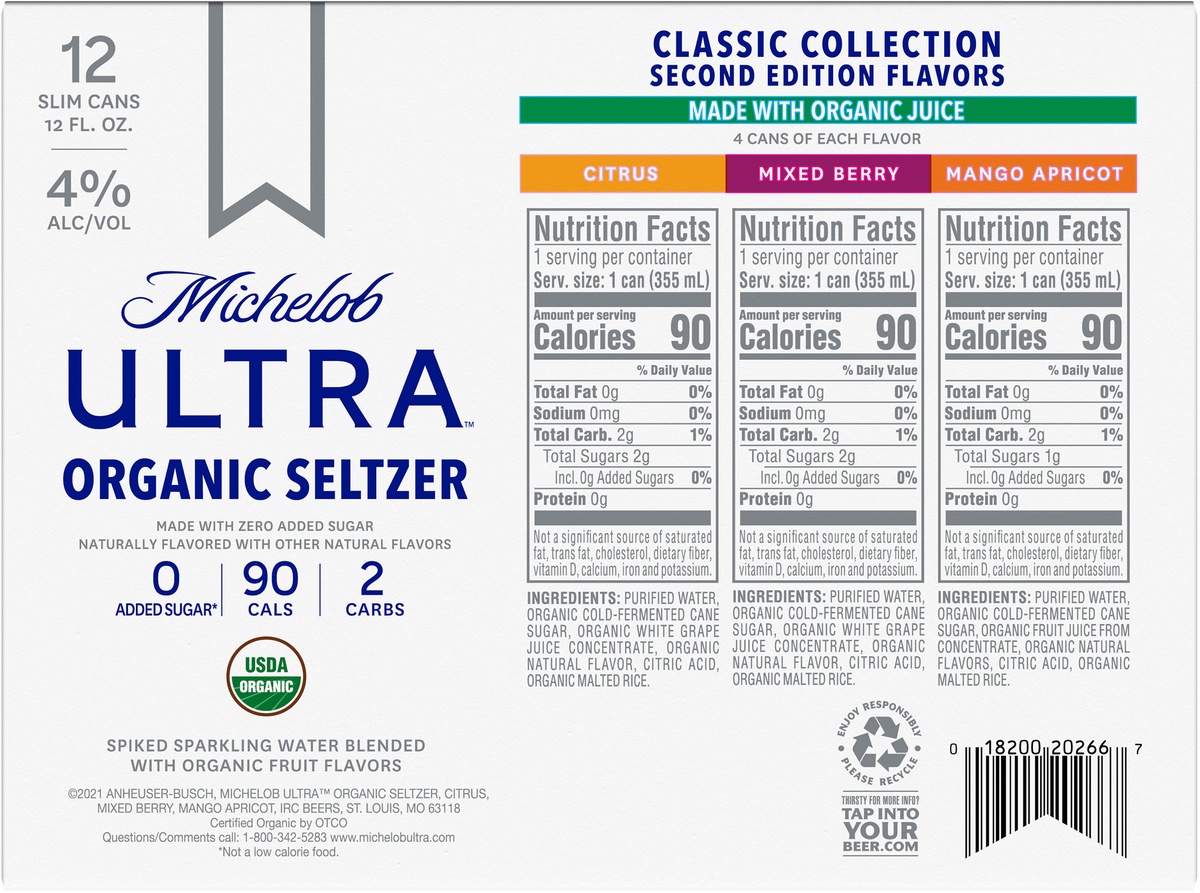 slide 6 of 8, Michelob Ultra Organic Seltzer Variety#2, 12 ct; 12 oz