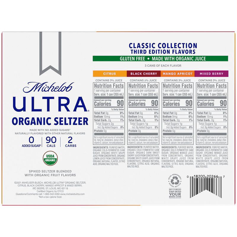 slide 3 of 8, Michelob Anheuser-Busch Michelobe Ultra Organic Setlzer Variety Pack, 12 ct; 12 oz